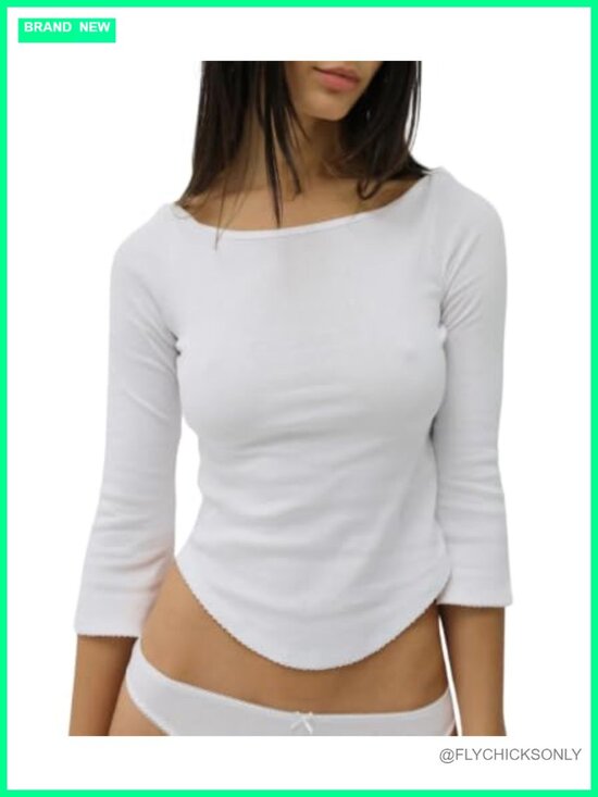 Tops - Women's Y2k Boat Neck 3/4 Sleeve Crop Top Cotton Slim Fit Curved Hem Picot Trim